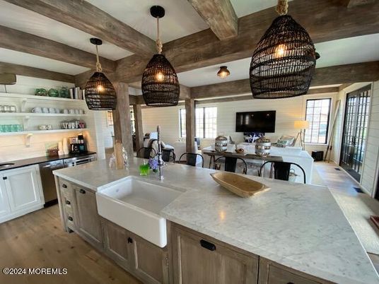 Interior, Kitchen, Pendant Lights, Wooden Beams, Wood Texture Flooring