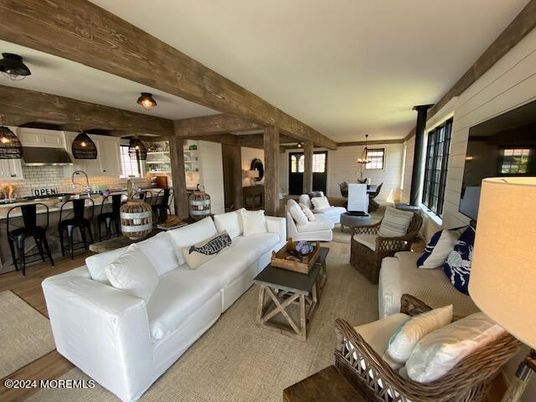 Dining room, Interior, Kitchen, Living room, Pendant Lights, Stainless Steel Appliances, Wooden Beams, Wood Texture Flooring
