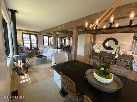 Chandelier, Dining room, Interior, Living room, Wooden Beams, Wood Texture Flooring