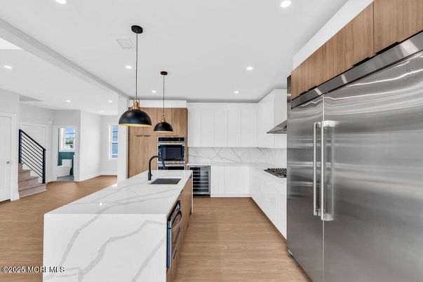 Interior, Kitchen, Pendant Lights, Recessed Lighting, Stainless Steel Appliances, Wood Texture Flooring