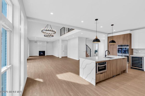 Chandelier, Interior, Kitchen, Pendant Lights, Recessed Lighting, Wood Texture Flooring