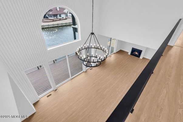 Chandelier, Fireplace, Interior, Pendant Lights, Water, Wood Texture Flooring