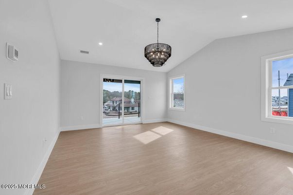 Chandelier, Empty room, Interior, Recessed Lighting, Wood Texture Flooring