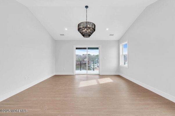 Chandelier, Empty room, Interior, Recessed Lighting, Wood Texture Flooring