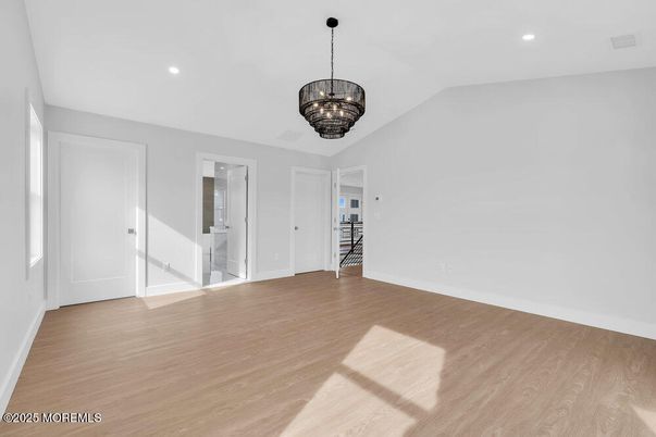 Chandelier, Empty room, Interior, Recessed Lighting, Wood Texture Flooring
