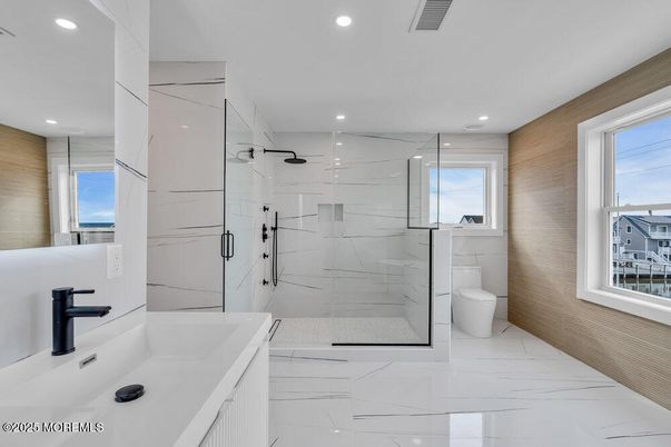 Bathroom, Glass Shower, Interior, Marble, Marble Walls, Recessed Lighting