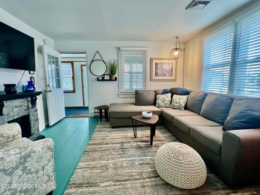 Fireplace, Interior, Living room, Pendant Lights, Wood Texture Flooring