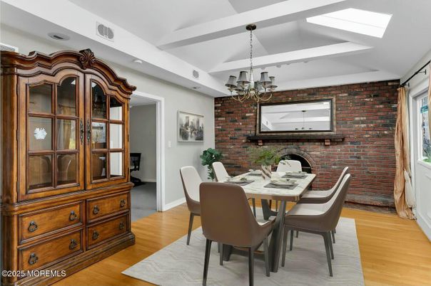 Chandelier, Dining room, Interior, Stone Walls, Wood Texture Flooring