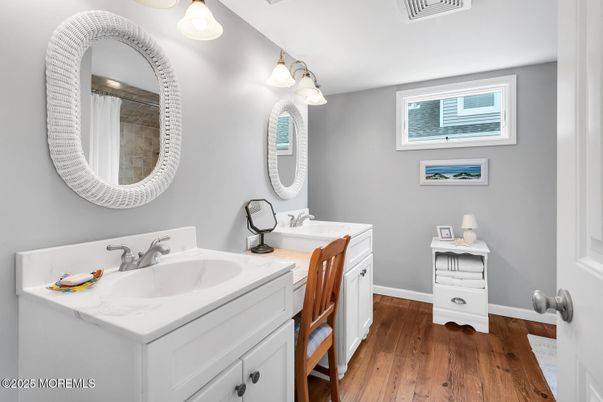 Bathroom, Dual Sink Vanities, Interior, Wood Texture Flooring