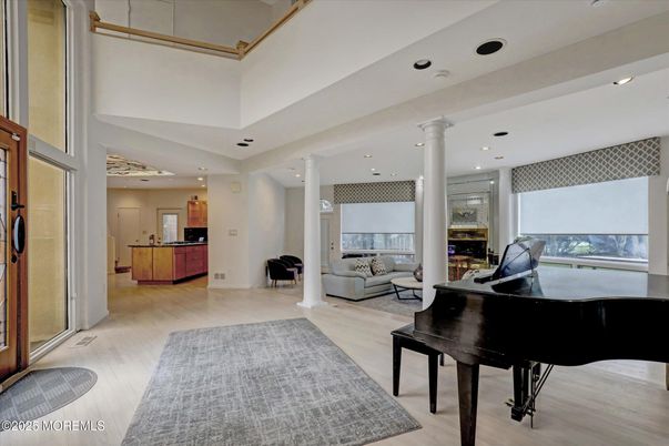 Interior, Living room, Piano, Recessed Lighting, Wood Texture Flooring