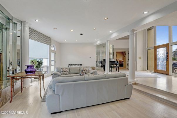 Dining room, Interior, Living room, Recessed Lighting, Wood Texture Flooring