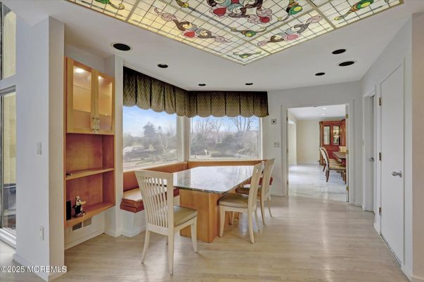 Dining room, Interior, Recessed Lighting, Wood Texture Flooring