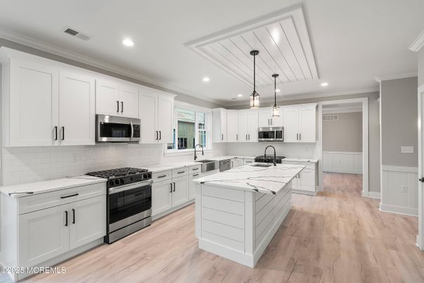 Interior, Kitchen, Pendant Lights, Recessed Lighting, Stainless Steel Appliances, Wood Texture Flooring