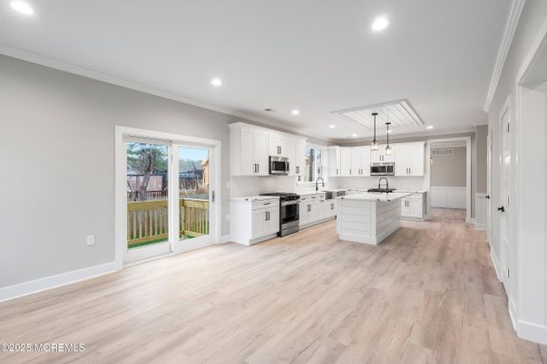 Interior, Kitchen, Pendant Lights, Recessed Lighting, Stainless Steel Appliances, Wood Texture Flooring