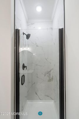 Bathroom, Glass Shower, Interior, Marble Walls, Recessed Lighting
