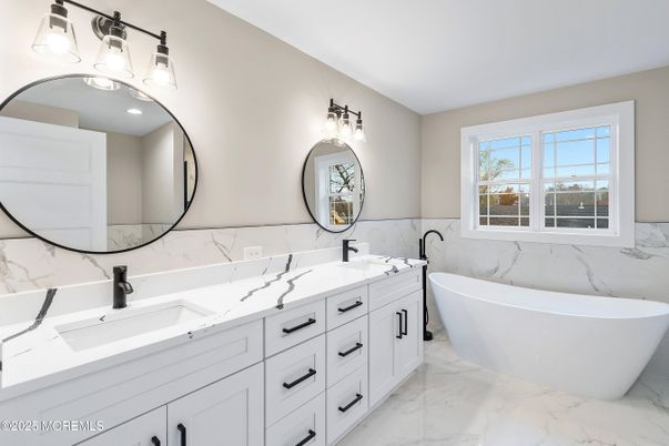 Bathroom, Dual Sink Vanities, Free Standing Baths, Interior, Marble, Marble Walls