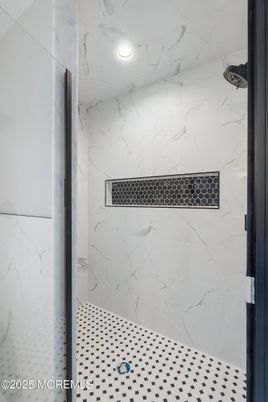 Bathroom, Glass Shower, Interior, Marble Walls, Recessed Lighting