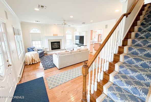 Fireplace, Interior, Living room, Recessed Lighting, Wood Texture Flooring