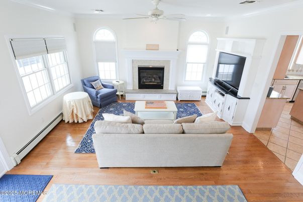 Fireplace, Interior, Living room, Recessed Lighting, Wood Texture Flooring