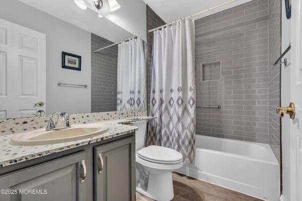 Bathroom, Interior, Tile Countertops, Wood Texture Flooring