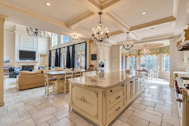 Chandelier, Dining room, Fireplace, Interior, Kitchen, Living room, Recessed Lighting