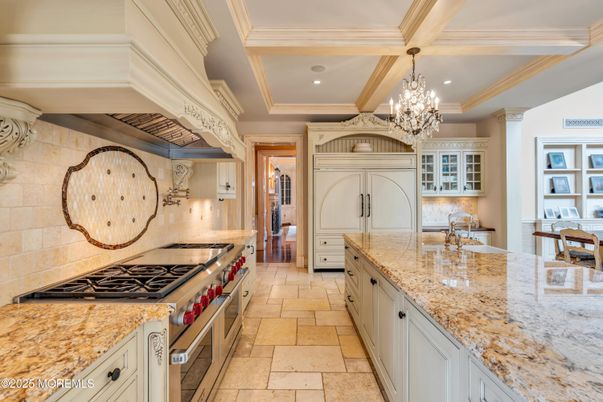 Chandelier, Interior, Kitchen, Recessed Lighting, Stainless Steel Appliances, Wooden Beams