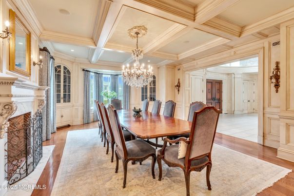 Chandelier, Dining room, Fireplace, Interior, Recessed Lighting, Wood Texture Flooring