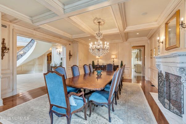 Chandelier, Dining room, Fireplace, Interior, Recessed Lighting, Wood Texture Flooring