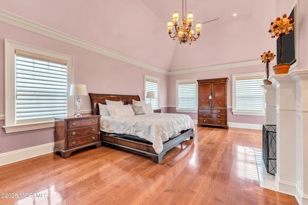 Bedroom, Chandelier, Interior, Recessed Lighting, Wood Texture Flooring