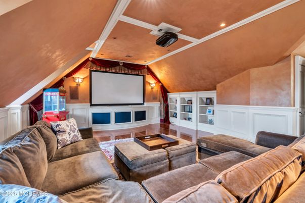 Interior, Living room, Projection Screen, Recessed Lighting, Theatre Room, Wood Texture Flooring