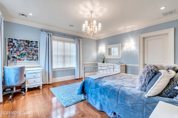 Bedroom, Chandelier, Home Office, Interior, Recessed Lighting, Wood Texture Flooring