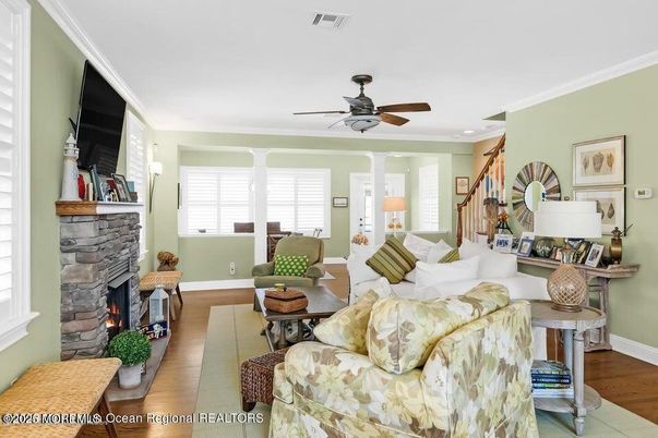 Fireplace, Interior, Living room, Recessed Lighting, Wood Texture Flooring