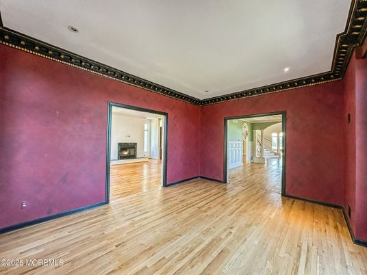 Empty room, Fireplace, Interior, Recessed Lighting, Wood Texture Flooring