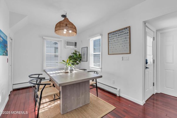 Dining room, Interior, Pendant Lights, Wood Texture Flooring