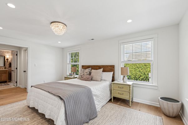 Bedroom, Chandelier, Interior, Recessed Lighting, Wood Texture Flooring