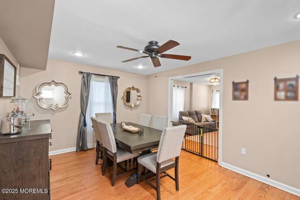 Dining room, Interior, Living room, Recessed Lighting, Wood Texture Flooring