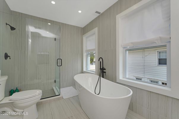 Bathroom, Free Standing Baths, Glass Shower, Interior, Recessed Lighting