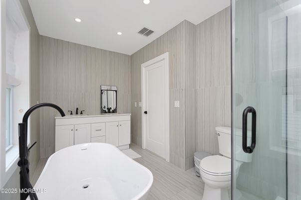 Bathroom, Dual Sink Vanities, Free Standing Baths, Glass Shower, Interior, Recessed Lighting
