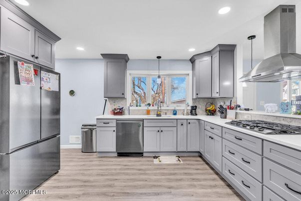 Interior, Kitchen, Pendant Lights, Recessed Lighting, Stainless Steel Appliances, Wood Texture Flooring