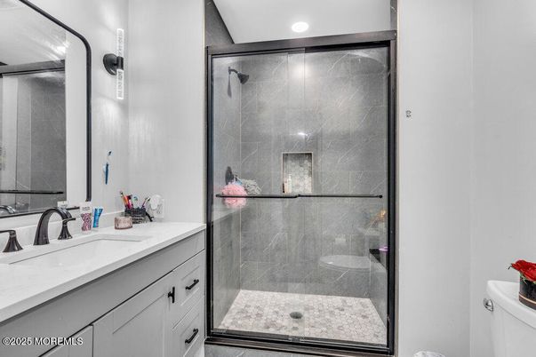 Bathroom, Glass Shower, Interior, Marble Walls, Recessed Lighting