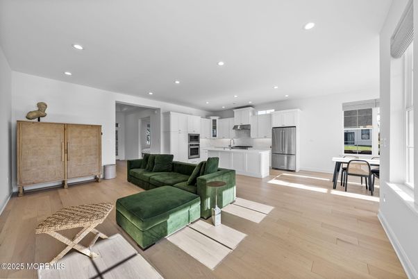 Interior, Kitchen, Living room, Recessed Lighting, Stainless Steel Appliances, Wood Texture Flooring