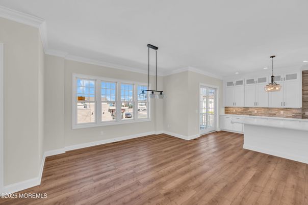 Empty room, Interior, Kitchen, Pendant Lights, Recessed Lighting, Wood Texture Flooring