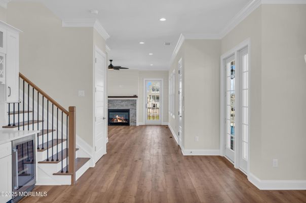 Fireplace, Interior, Recessed Lighting, Wood Texture Flooring