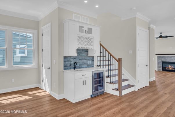 Fireplace, Interior, Kitchen, Recessed Lighting, Wood Texture Flooring