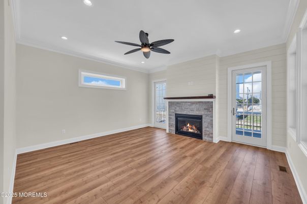 Empty room, Fireplace, Interior, Recessed Lighting, Wood Texture Flooring