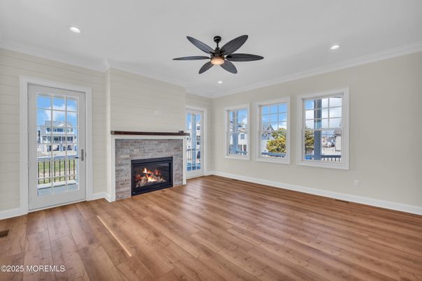 Empty room, Fireplace, Interior, Recessed Lighting, Wood Texture Flooring