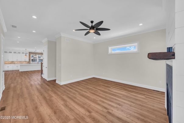 Empty room, Interior, Kitchen, Pendant Lights, Recessed Lighting, Wood Texture Flooring