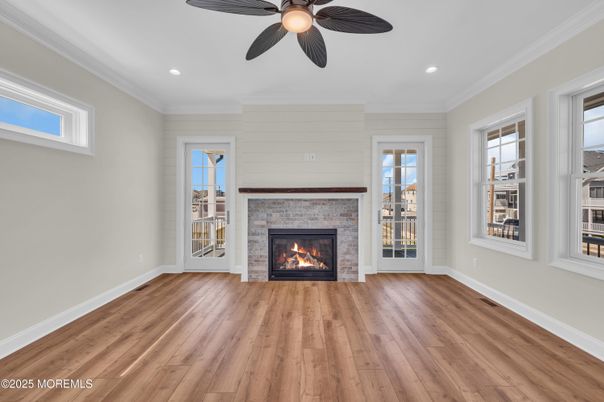 Empty room, Fireplace, Interior, Recessed Lighting, Wood Texture Flooring