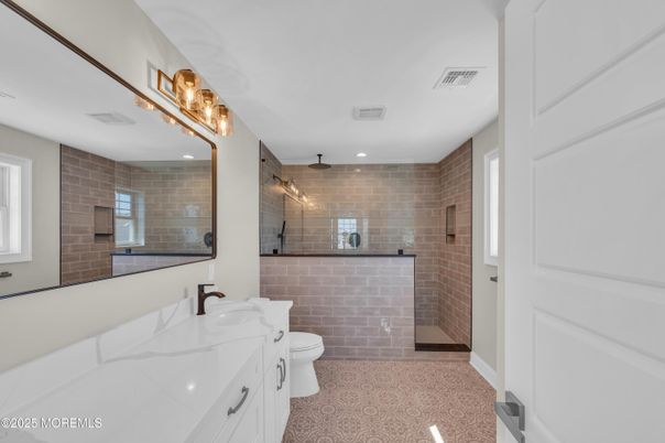 Bathroom, Glass Shower, Interior, Recessed Lighting, Stone Walls