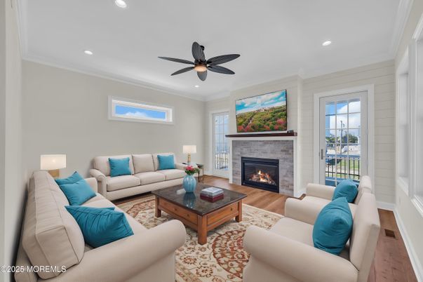 Fireplace, Interior, Living room, Recessed Lighting, Wood Texture Flooring